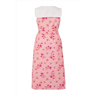 Pembe  Çiçekli Poplin %100 Pamuk Bebe Yaka Midi Dokuma Büyük Beden Elbise TBBSS25AH00158