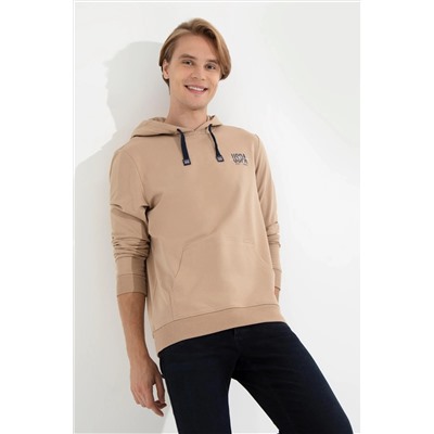 Erkek Camel Kapüşonlu Basic Sweatshirt