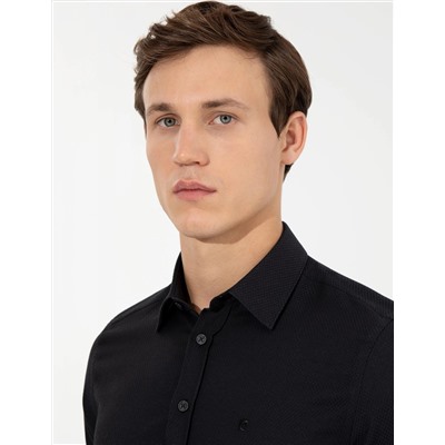 Siyah Slim Fit Armürlü Uzun Kollu Gömlek