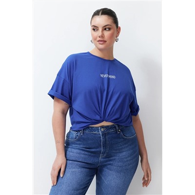 Saks Slogan Baskılı Oversize %100 Pamuk Örme Büyük Beden T-shirt TBBSS24BF00018