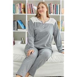 Siyah İnci gri melanj Düğmeli Curve Büyük Beden Battal Örme Pijama Takım 23240562
