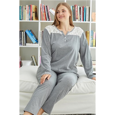 Siyah İnci gri melanj Düğmeli Curve Büyük Beden Battal Örme Pijama Takım 23240562