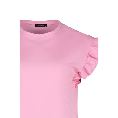 Pembe Bisiklet Yaka Kolları Fırfırlı %100 Pamuk Örme T-Shirt TBBSS23BF00006
