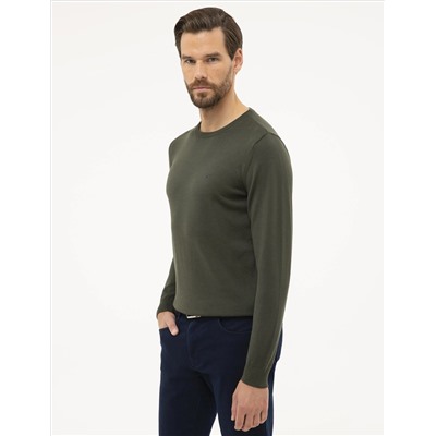 Yeşil Slim Fit Bisiklet Yaka Basic Triko Kazak