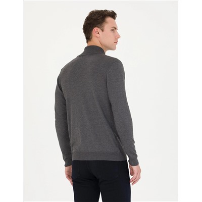 Gri Melanj Slim Fit Balıkçı Yaka Basic Triko Kazak