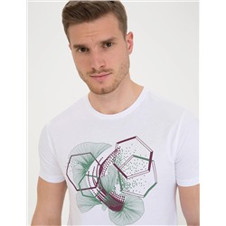 Beyaz Slim Fit Baskılı Bisiklet Yaka Tişört