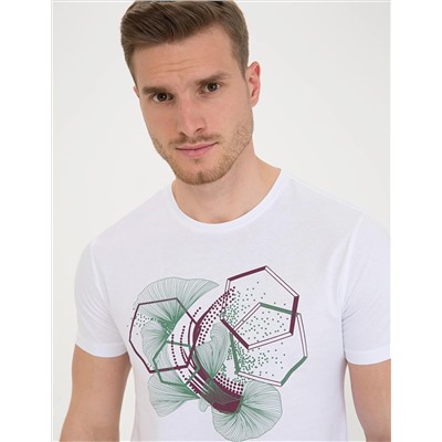 Beyaz Slim Fit Baskılı Bisiklet Yaka Tişört