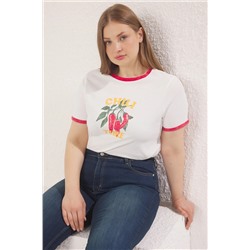 Kırmızı Boyfriend Fit Basklı Yıkamalı %100 Pamuk Büyük Beden Örme T-Shirt TBBSS25BF00055
