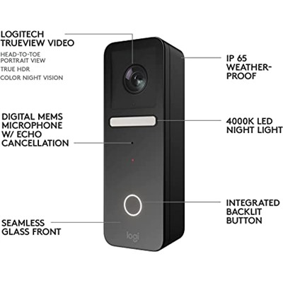 Logitech Circle View Apple HomeKit- enabled Wired Doorbell with Logitech TrueView Video, Face Recognition, Color Night Vision, and Head-to-toe HD Video