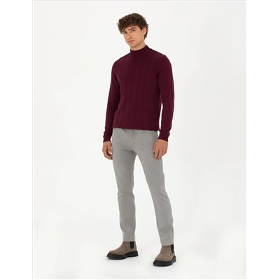 Bordo Slim Fit Yarım Balıkçı Yaka Triko Kazak