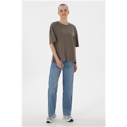 Kadın Vizon Oversize Bisiklet Yaka Tişört