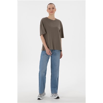 Kadın Vizon Oversize Bisiklet Yaka Tişört
