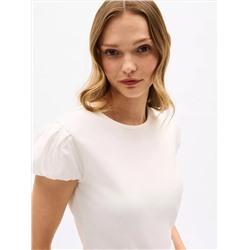 Mixed Media Shirred Cap-Sleeve T-Shirt