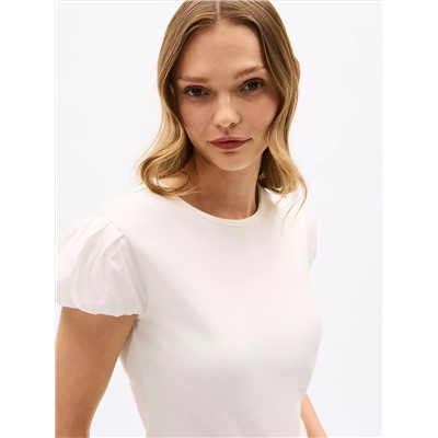 Mixed Media Shirred Cap-Sleeve T-Shirt