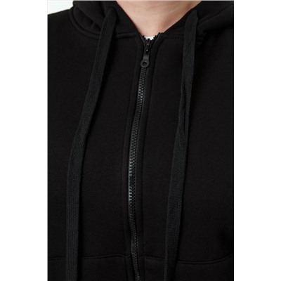 Siyah Kapüşonlu İçi Polarlı Önü Fermuarlı Büyük Beden Örme Sweatshirt