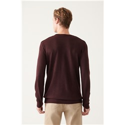 Bordo Bisiklet Yaka Önü Dokulu Regular Fit Triko Kazak