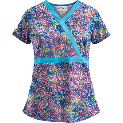 UA Spring Ditzy Turquoise Mock Wrap Scrub Top
