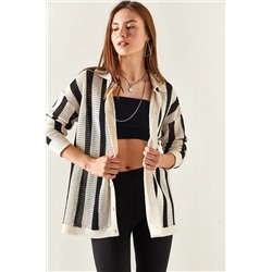 Olalook Kadın Taş Siyah Çizgili Oversize Pamuk Triko Gömlek GML-19001128