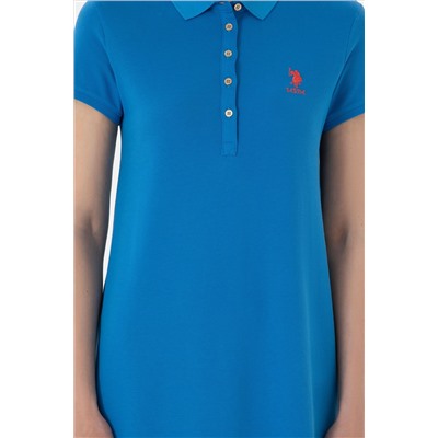 Kadın Saks Polo Yaka Mini Boy Örme Elbise