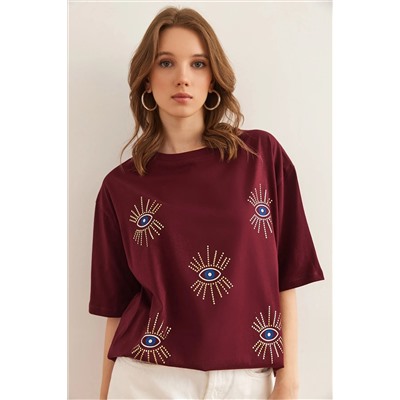 Olalook, Kadın Bordo Göz Baskılı Varak Detaylı Tişört TSH-19000770