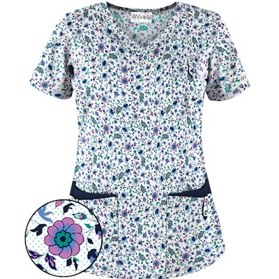 UA Ditzy Bouquet Navy Print Scrub Top