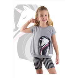 Denokids, Çizgili Unicorn Kız Çocuk Gri Siyah Yazlık T-shirt Tayt Takım