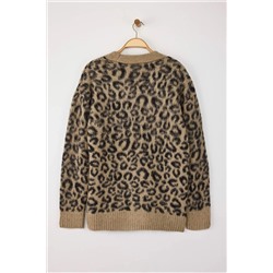 Camel Leopar Desenli Yumuşak Tuşeli Relax Fitt Triko Hırka TBBAW26AV00001