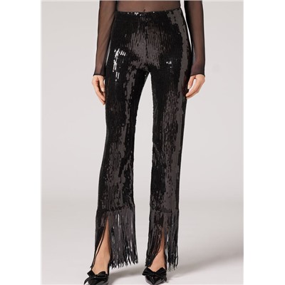 Flare Leggings im Cropped-Schnitt mit Paillettenfransen