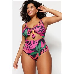 Trendyol Curve Çok Renkli Derin V Cut Out Bağlama Detaylı Floral Desenli Büyük Beden Mayo TBBSS23AM00008