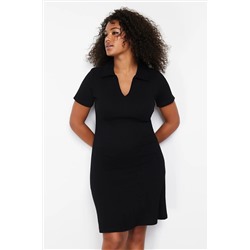 Siyah Polo Yaka Midi Örme Büyük Beden Elbise TBBSS24AH00078