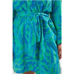 Mavi Soyut Desenli Kuşaklı Mini Dokuma Büyük Beden Kimono&Kaftan TBBSS25DE00004
