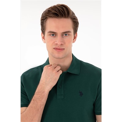 Erkek Slim Fit Polo Yaka Koyu Yeşil Basic Tişört
