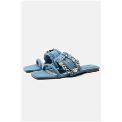 DENIM FLAT SLIDER SANDALS WITH BUCKLE