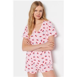 TRENDYOLMİLLA Açık Pembe %100 Pamuk Kiraz Desenli T-shirt-Şort Örme Pijama Takımı THMSS23PT00013