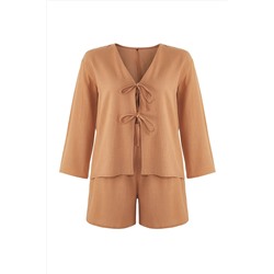 Kahverengi V Yaka Bağlama Detaylı Pamuk Flam Beachwear Büyük Beden Alt-Üst Takım TBBSS25CP00012