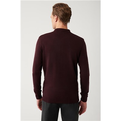 Bordo 3 Düğmeli Polo Yaka Regular Fit Standart Kesim Triko Kazak
