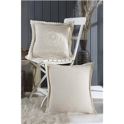 Wellstil 2'li Dantelli ve Düz Keten Dekoratif Kırlent Kılıfı Naturel WLSTL89654547_R023
