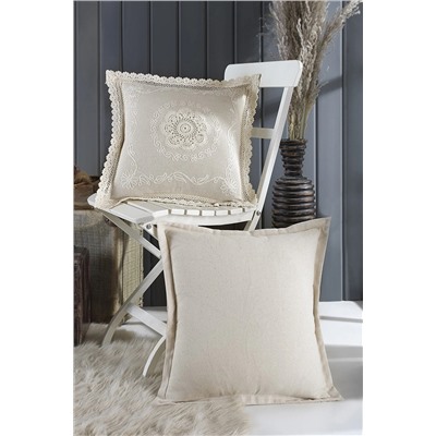 Wellstil 2'li Dantelli ve Düz Keten Dekoratif Kırlent Kılıfı Naturel WLSTL89654547_R023