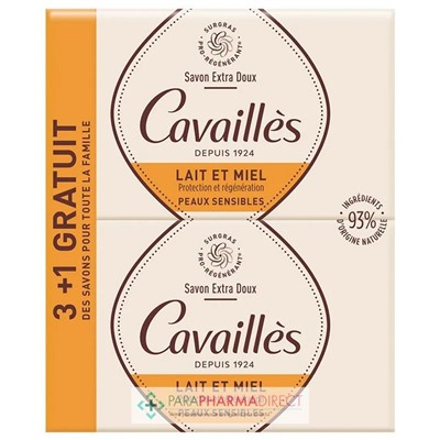 Cavaillès Savon Extra-Doux - Lait & Miel - LOT de 4x250 g (3+1 GRATUIT)Lot  × 4
