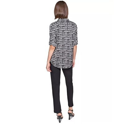 KARL LAGERFELD PARIS Petite Logo Print Roll-Tab-Sleeves Button-Front Shirt, First@Macy's