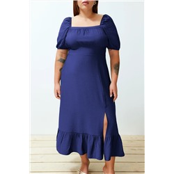 Indigo Bisiklet Yaka Eteği Fırfırlı Dokuma Elbise TBBSS24AH00066