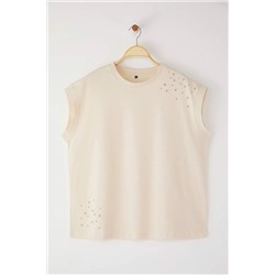 Bej Bisiklet Yaka Taşlı %100 Pamuk Örme T-Shirt TBBSS23BF00041