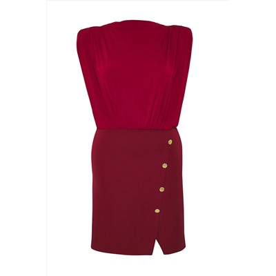 Bordo Vatkalı Mini Kolsuz Dokuma Büyük Beden Elbise TBBSS25AH00202