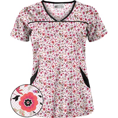 UA Ditzy Bouquet White Print Scrub Top