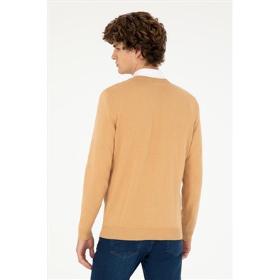 Erkek Slim Fit V Yaka Camel Melanj Basic Kazak