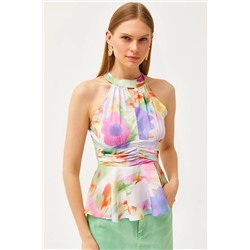 Olalook, Kadın Batik Çiçekli Halter Yaka Bel Detaylı Krep Bluz BLZ-19001505