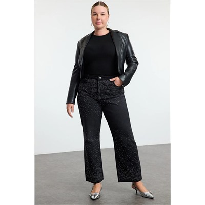 Antrasit Yüksel Bel Taşlı Straight Fit Büyük Beden Jeans TBBAW25CJ00000