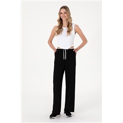 Kadın Siyah Bel Detaylı Loose Fit Kanvas Pantolon