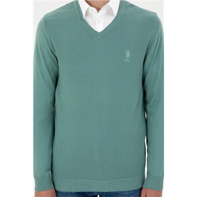 Erkek Slim Fit V Yaka Mint Basic Kazak