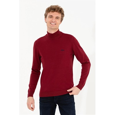 Erkek Bordo Balıkçı Yaka Basic Triko Kazak